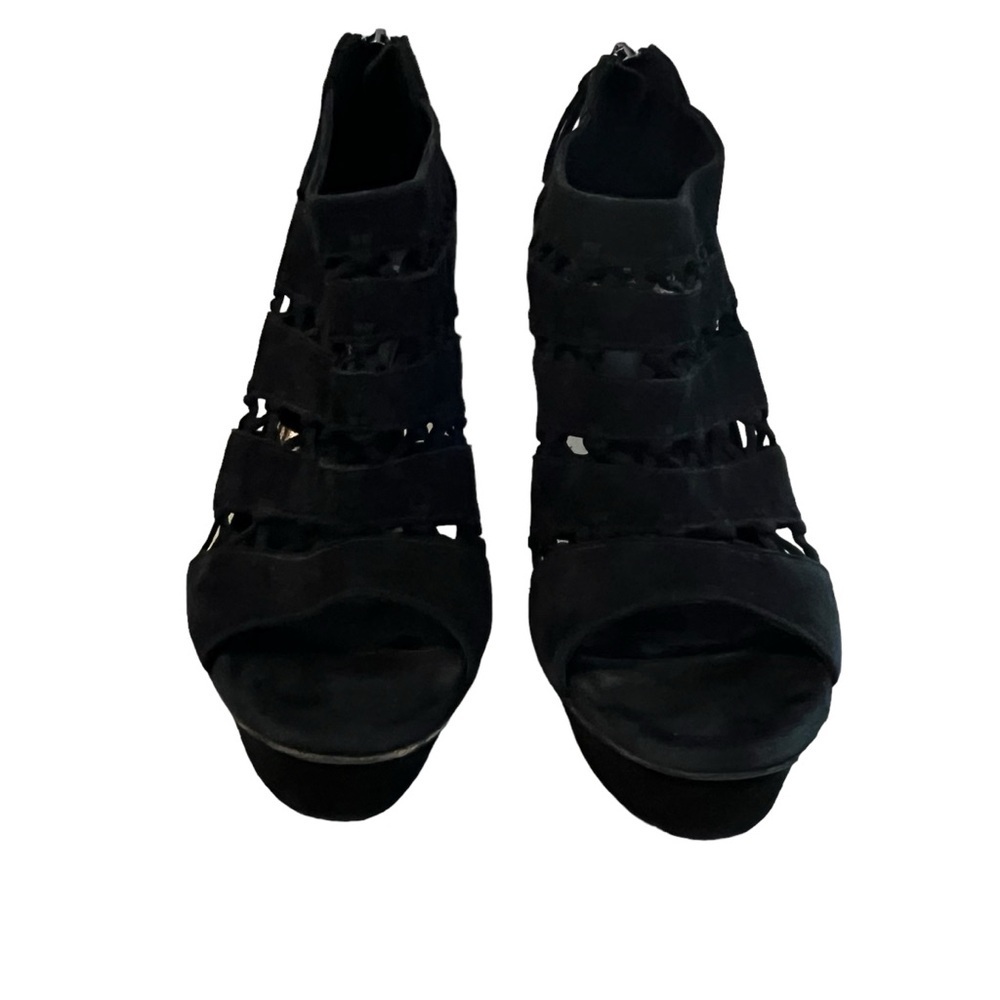Elie Tahari Black Suede Peep Toe Stiletto Platform Booties / Heels, US 8. - Picture 4 of 7
